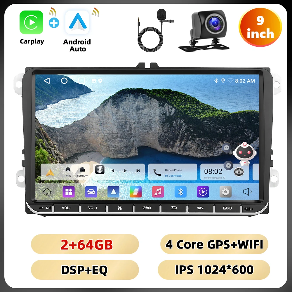 Podofo 9 ''2Din Autoradio Voor VW/MAGOTAN/GOLF/CADDY Multimedia Speler 6 + 128G Carplay Android Auto WIFI GPS FM/RDS BT Auto Audio