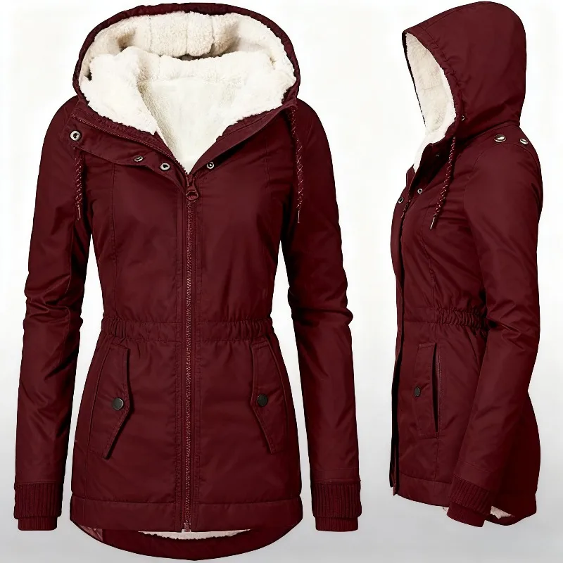 

Women's Solid Color Hooded Jacket | Long Sleeve Zip Pocket Fleece Lined Warm Coat