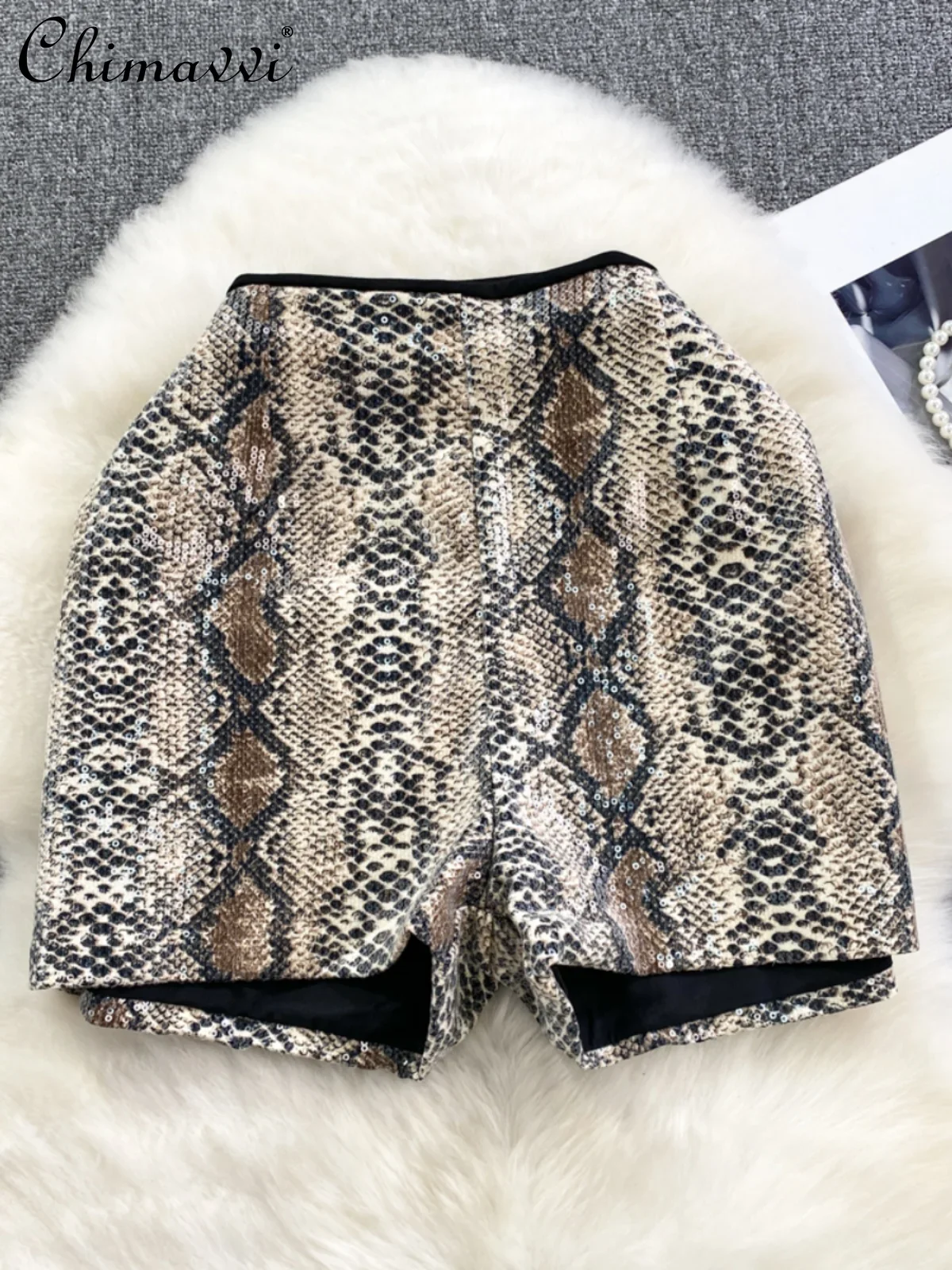 Autumn and Winter Korean Fashion High Waist Sequined Leopard Print Wide Leg Shorts High Street Slim Sexy Girls Casual Hot Pants