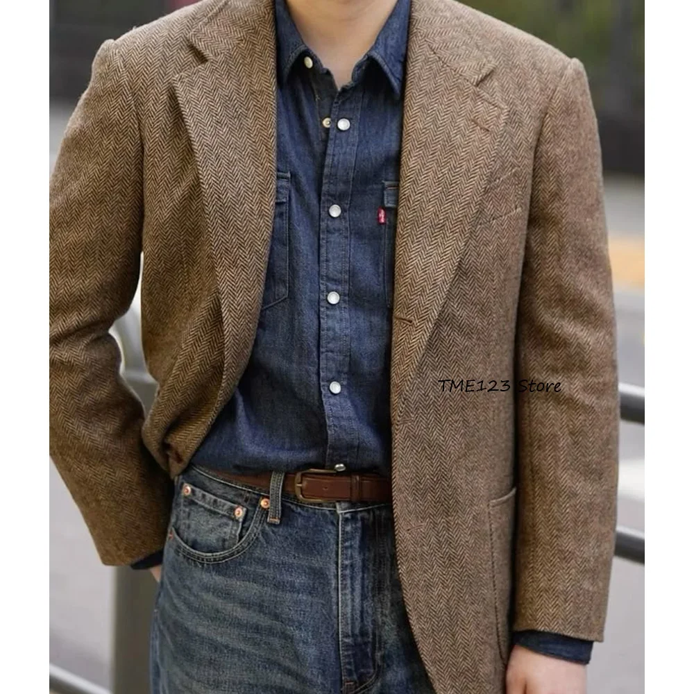 

Men's Social Coat Single-breasted Suit Jackets for Man Jackets High Quality Casual Vintage Herringbone Fabric Urban Blazers
