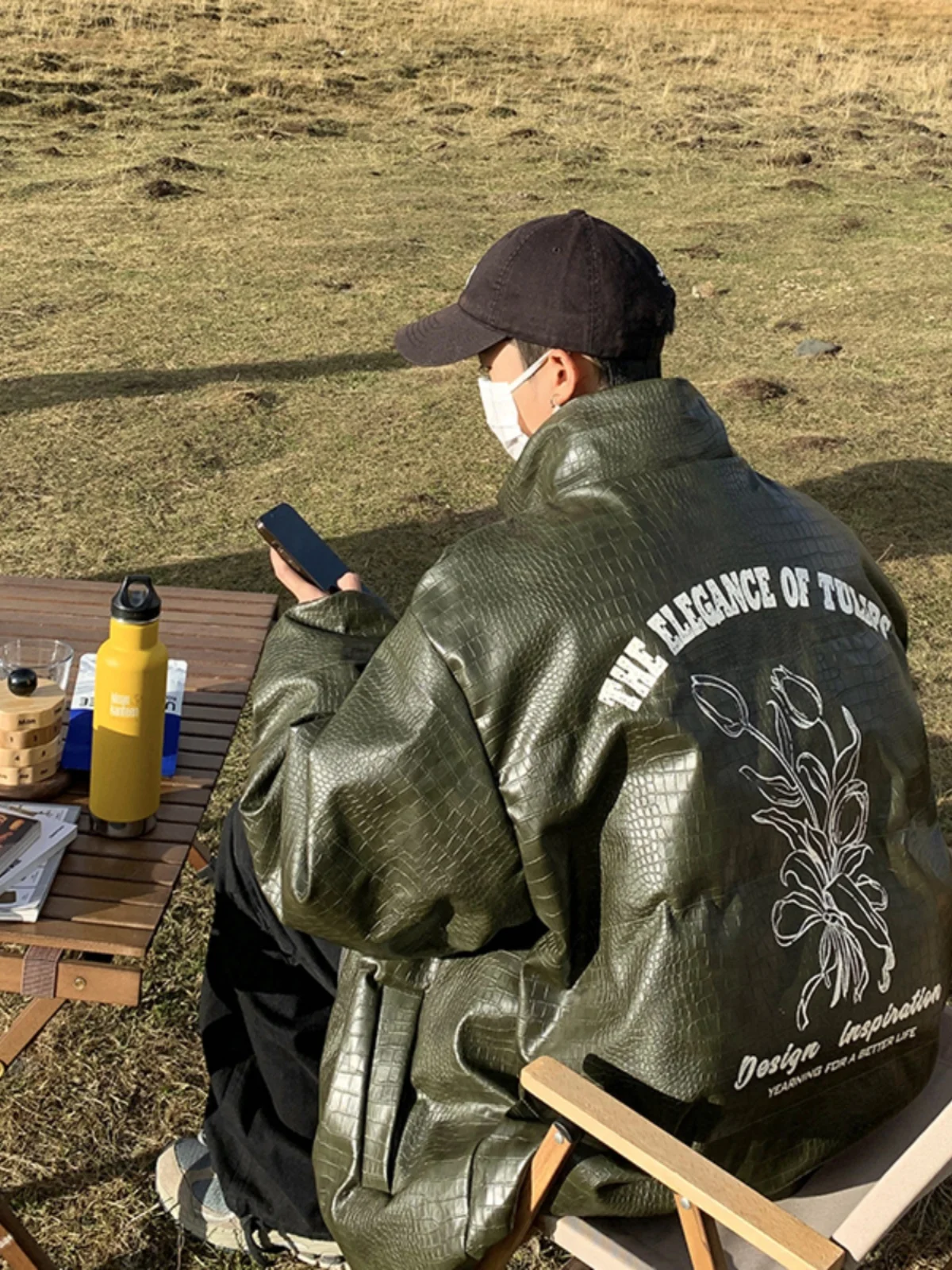 

Mens Thiened Winter Jaet Du down Cotton PU Leather Bread Sle ort Coat Warm And Waterproof Printed Zipper Closure