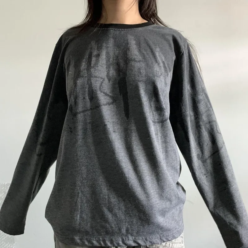 

Street Fashion Gothic O Neck Long Sleeve T Shirts Y2k Aesthetic Hartajuku Popular Lrregular Print Women Clothes Autumn Lazy Tops