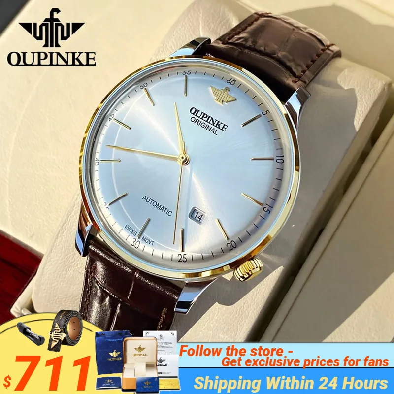 

OUPINKE Luxury Brand Mechanical Wristwatch for Men Swiss Movement Original Leather Strap Sapphire Mirror Auto Date Wristwatches