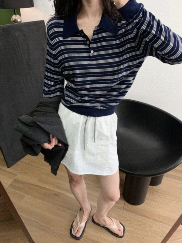 

Винтажный вязаный свитер с воротником поло, цветными блоками и полосками, на пуговицах, с длинными рукавами, свободного кроя, для женщин, подчеркивающий фигуру, премиум-класса