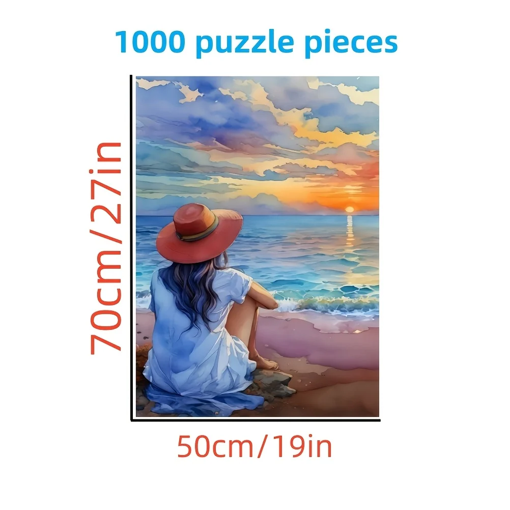 1000pcs Scenic Sunset Beach Puzzle, High-Quality Durable Paper, Portable Rectangle Jigsaw for Adults, Beginner Skill Level, Id