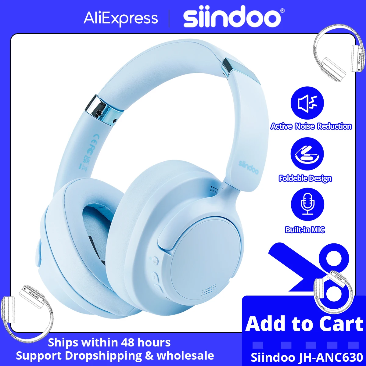 Siindoo Newest Active Noise Cancelling Wireless Headphones Over Ear Bluetooth earphones with Mic 70H Playtime JH-ANC630 Blue