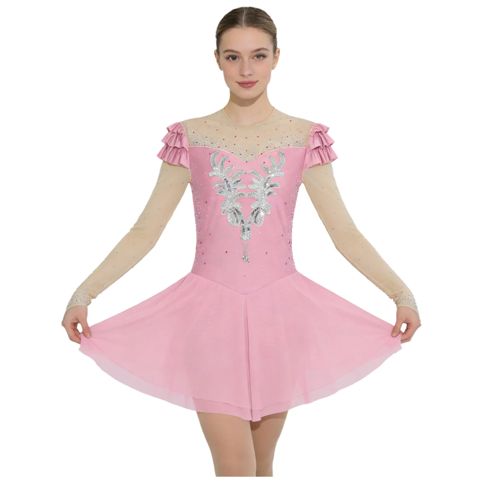 

Womens Figure Skating Bodysuit Dress Sequined Applique Rhinestone Mesh Long Sleeve Irregular Hem Dress Lyrical Ballet Dancewear