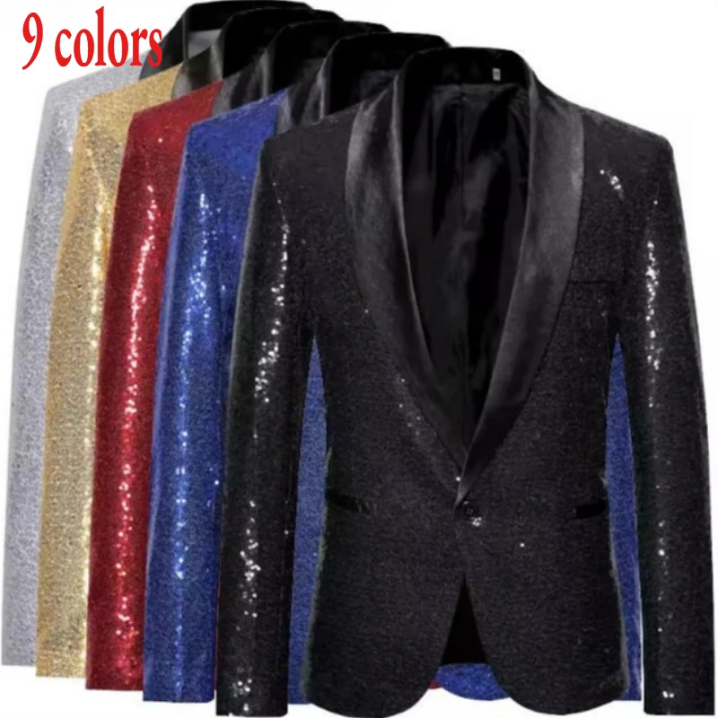

Shiny Sequin Men's Suit Jacket, Stage Performance Coat, White Silver Blue Red Purple Blazers V-neck Single Button S M L XL XXL