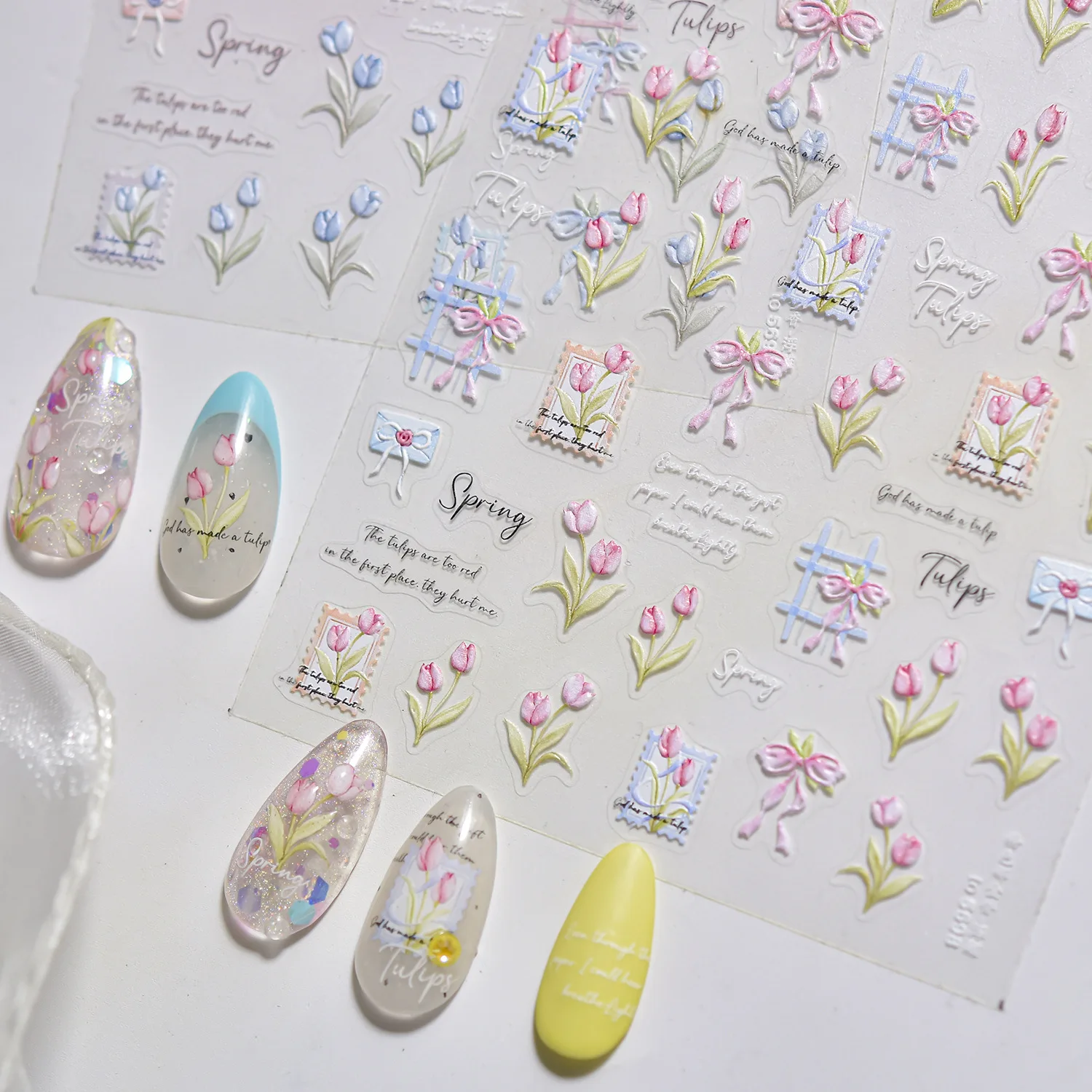 Spring Letter Tulips Nail Stickers 5D Embossed Self Adhesive