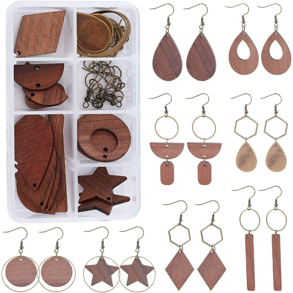 1 Box DIY 8 Pairs Wooden Dangle Earrings Geometric Wood Earrings Making Starter Kit with 16Pcs Earring Hooks 30Pcs Jump Rings