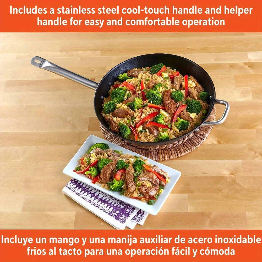 مقلاة من الحديد الزهر الخفيف مقاس 14 بوصة مع مقبض من الفولاذ المقاوم للصدأ