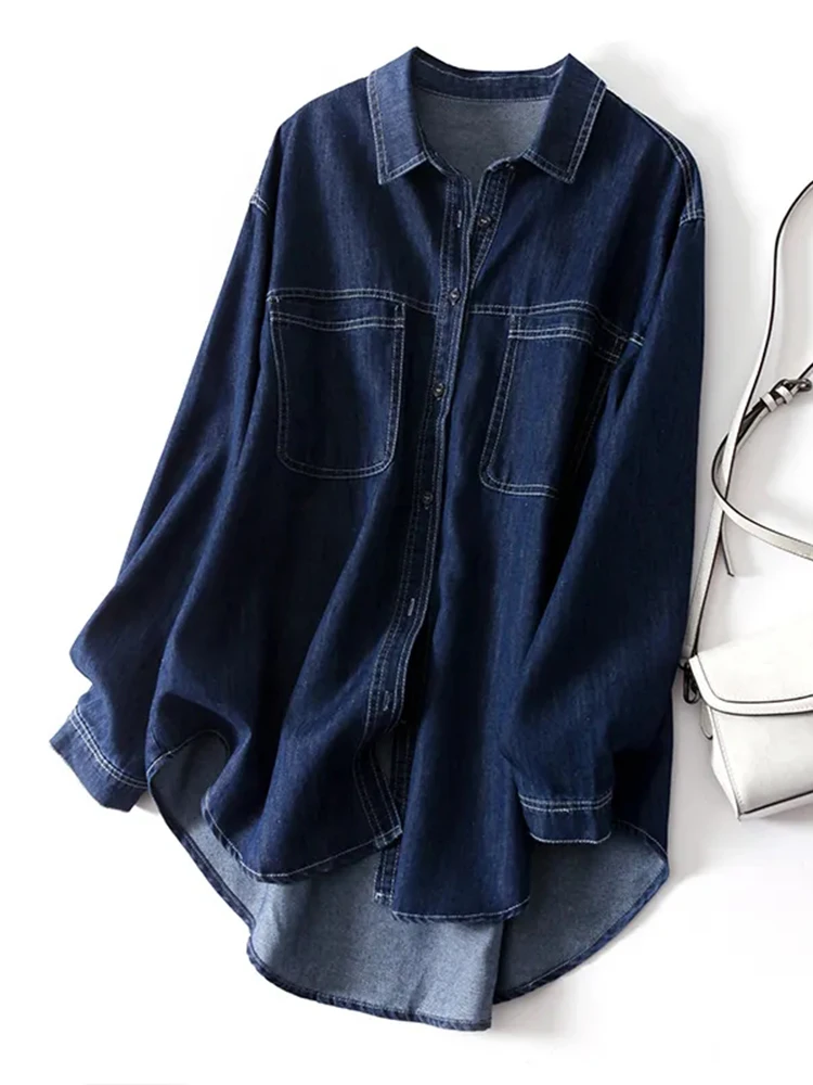 

100% Cotton Women Denim Shirts Loose Vintage Designed Female Jeans Long Shirts Long Sleeve Blue Casual Streeetwear Tops