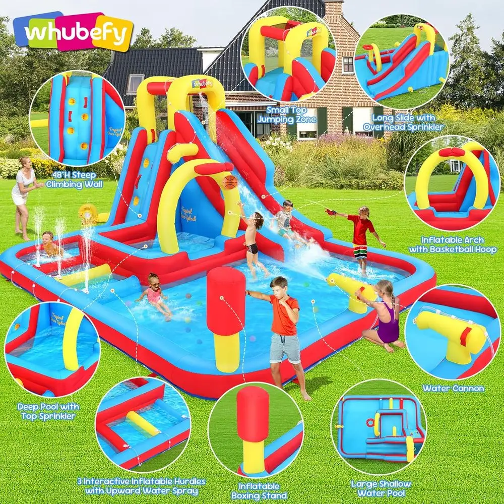 Iatable Water Slide Obstacle Course for Kids Backyard Blow Up Water Park with 3 Intctive Aqua Hurdles, Deep Pool with Sp