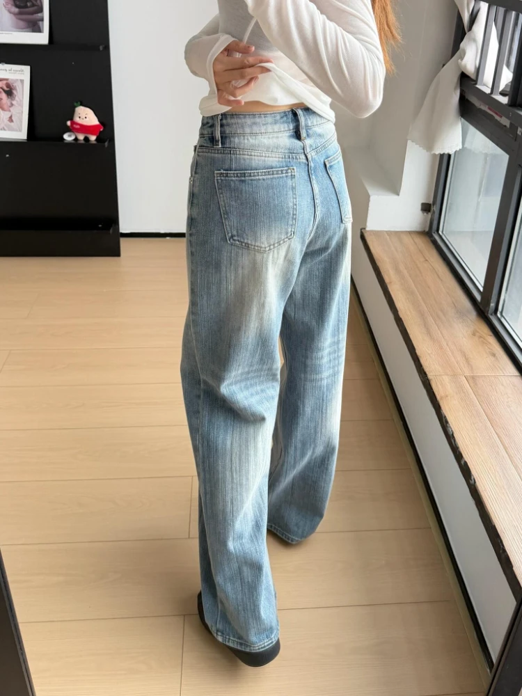 Vintage Slub Curved Wide Leg Jeans Light Wash High Waist Figure Flattering Straight Floor-length Autumn Winter Women Denim Pants