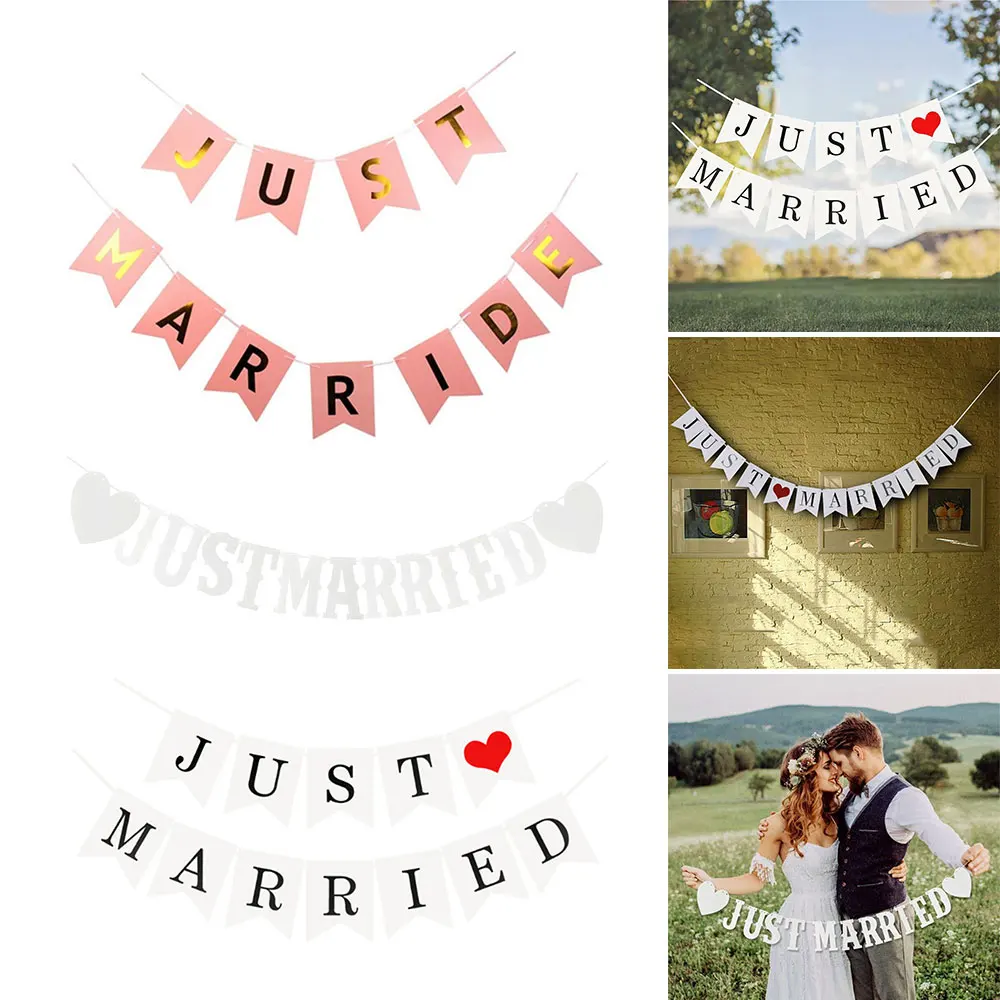 Vintage Wedding Just Married Bunting Banner Bridal Shower Photo Booth Props Rustic Wedding Party Chair Decor Supplies