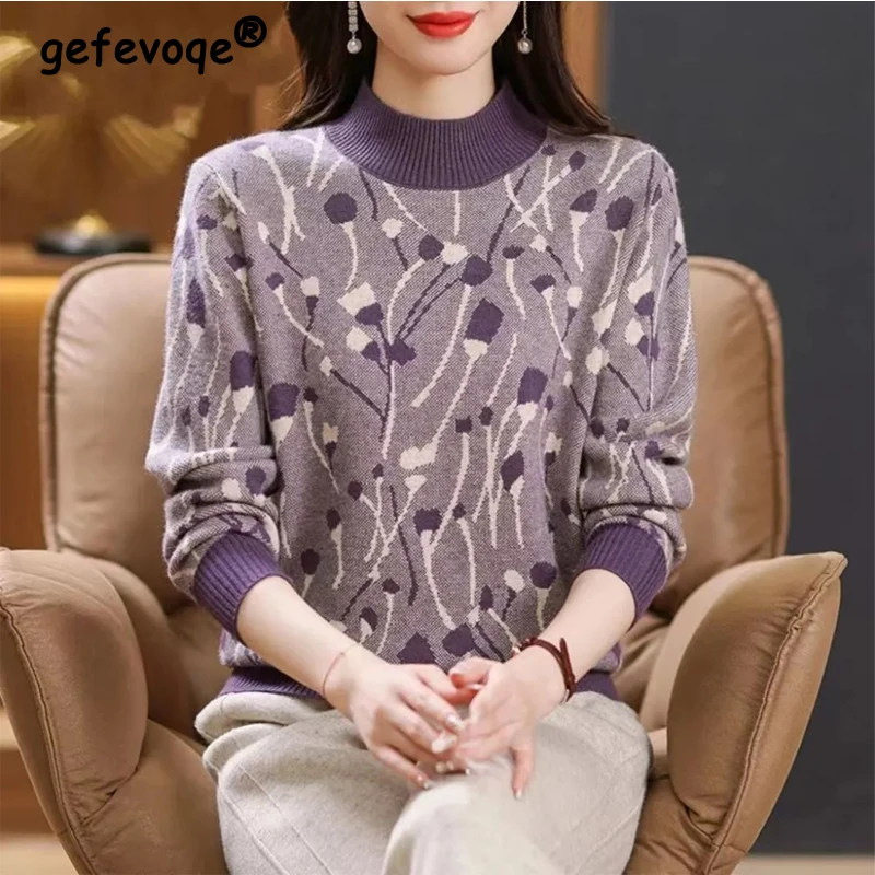 

Women's Korean Fashion Jacquard Patchwork Half High Collar Knitted Sweater Autumn Winter Long Sleeve Loose Pullover Tops Jumpers