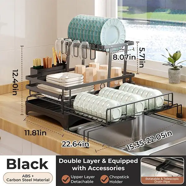 Expandable Double Layer Dish Drying Rack Rustproof 2 Tier Sink Drainer with Automatic Drainage Board Heavy Duty Kitchen Organizer Countertop Utensil Holder Space Saving Dishware Storage Shelf