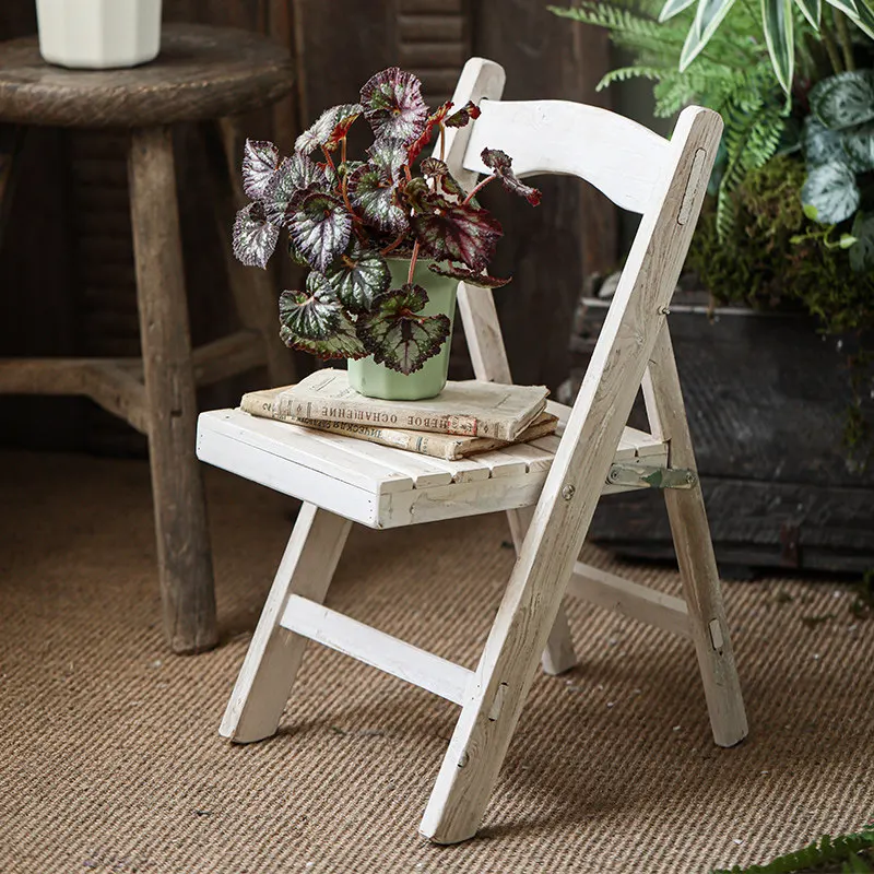 Vintage Distressed Solid Wood Folding Chair Plant Stand Natural Wood Grain Rustic Floor Storage Shelf Balcony Home Decor