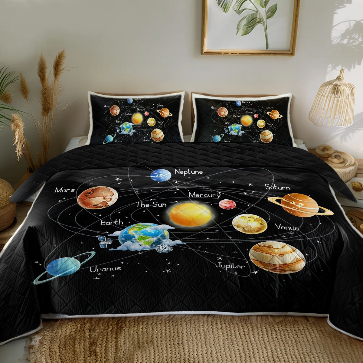 

3 Piece Solar System Astronomical Bedding Set for Women Girls Kids Outer Space Quilt Soft Bed Set 1 Coverlet and 2 Pillowcases