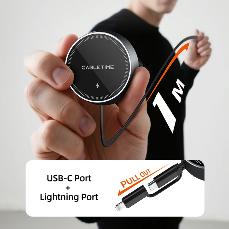 CABLETIME Caricabatterie wireless per auto 2 in 1 Ricarica rapida massima 15 W e cavo Lightning da 20 W Tipo C per iPhone HUAWEI XIAOMI