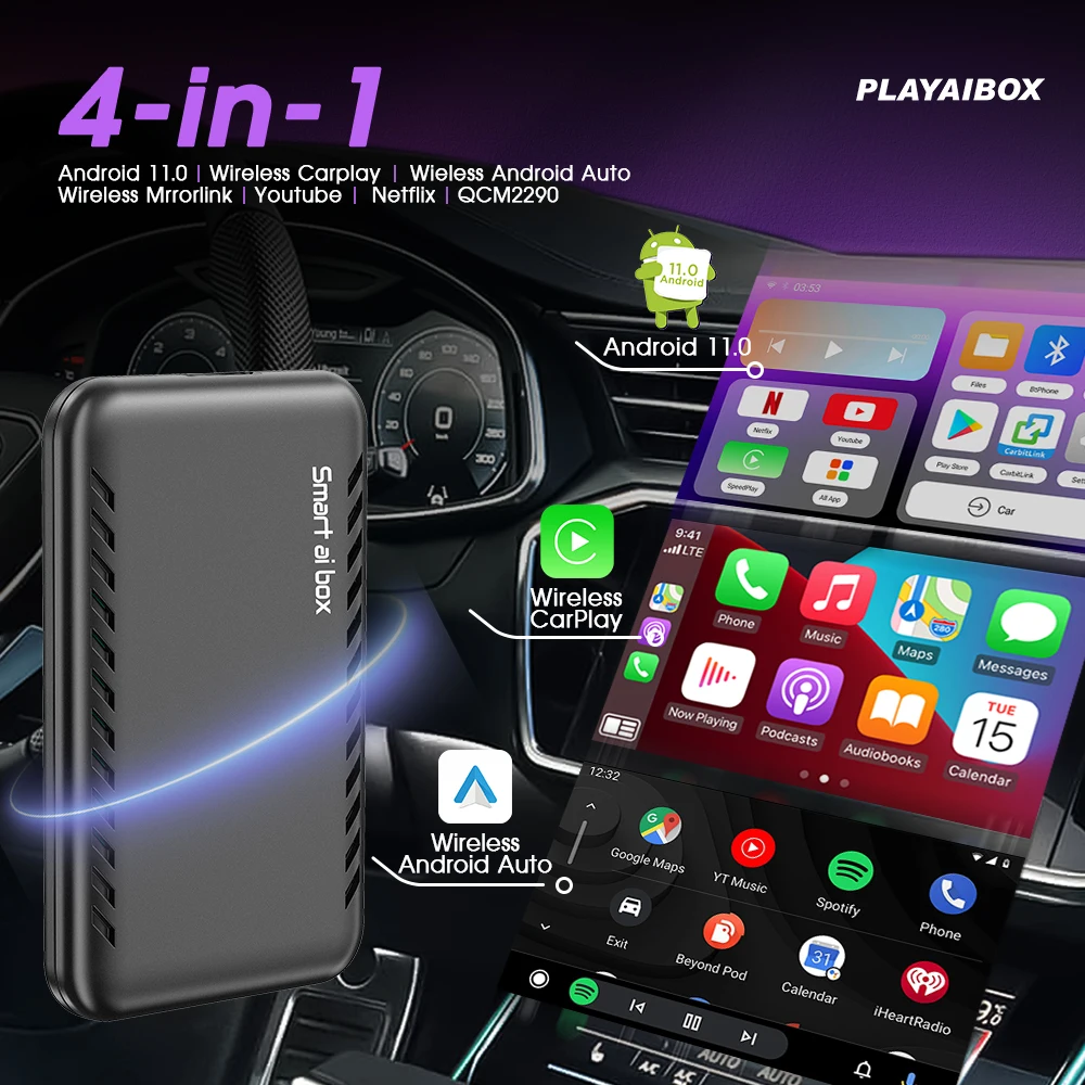 Wireless Android Auto Carplay Ai Box Android 11 Magic Box  Carplay Adapter QCM2290 For Youtube Volvo Kia MG Haval Benz Audi VW