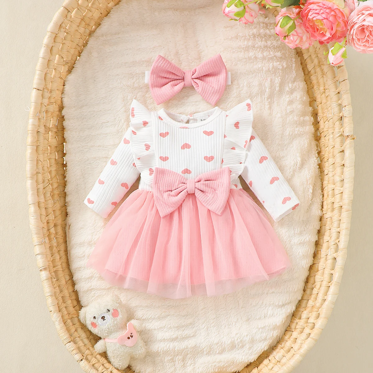 Neugeborenes Baby Mädchen Kleid Tüll Kleid mit kleinen Flügelärmeln und Stirnband Geeignet für 0-9 Monate Süßes Baby Mädchen Herbst Prinzessinnenkleid – Detail 1