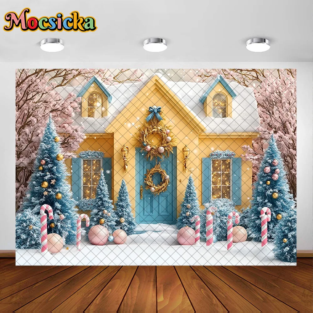 Mocsicka Winter Photography Backdrop Christmas Cottage Candy Cane Decoration Kids Xmas Holiday Party Portrait Photo Studio Prop