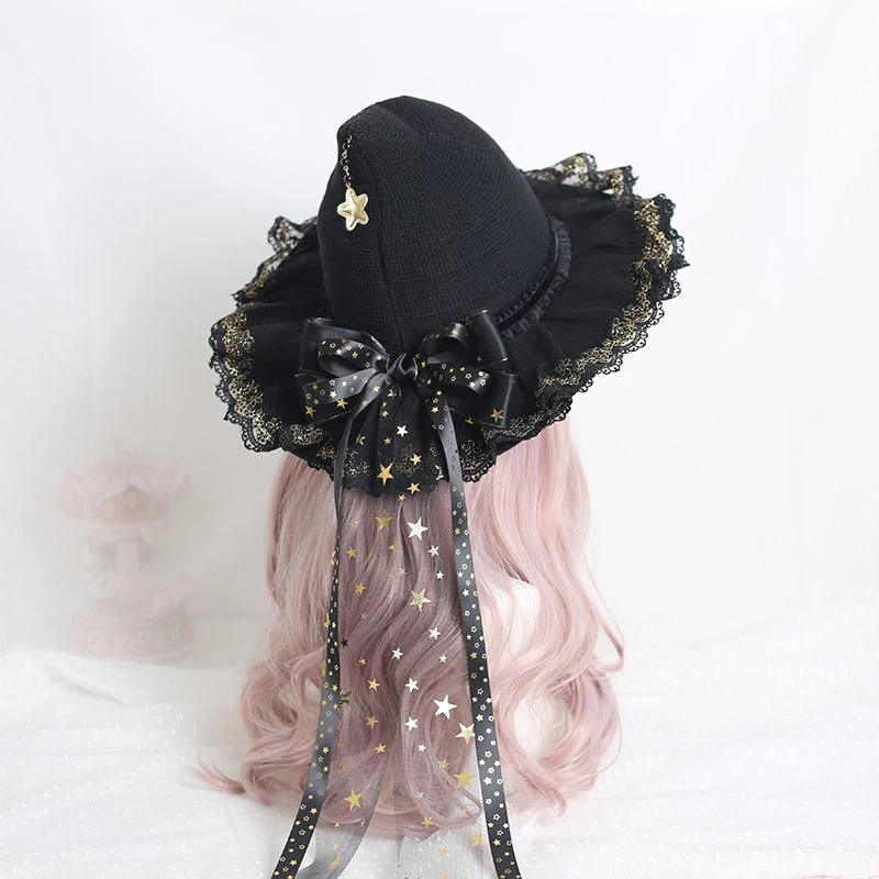 수제 로리타 블랙 할로윈 마녀 레이 시보넷 BNT 모자 별 장미 꽃 레이스 리본 BNT 헤드기어 여성 헤어 액세서리 소녀용