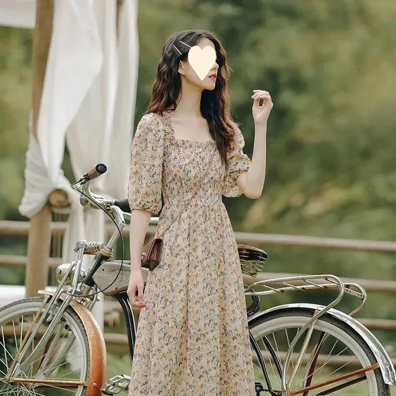 

Korean Floral Dress Women Sweet Puff Sleeve Empire Vintage Fairy Slim Square Collar Vestido Temperament Elegant Y2k Dresses