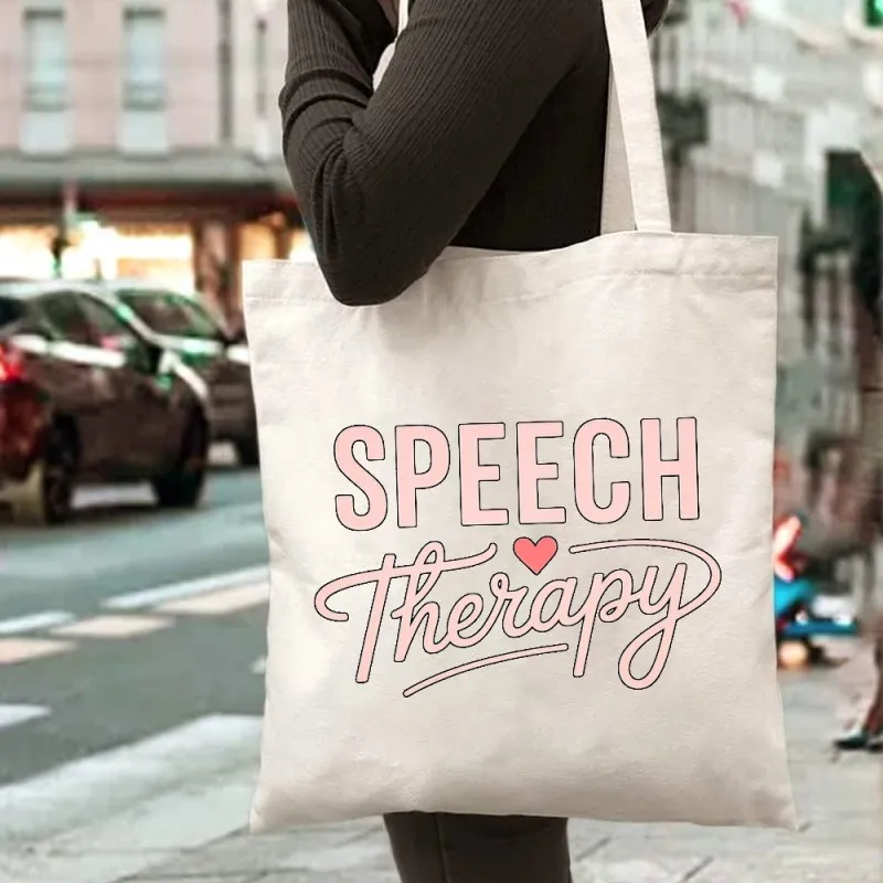 Speech Therapy Pink Script Heart Letter Canvas Tote Bag Speech Pathologist Appreciation  Daily Shopping Shoulder Handbag