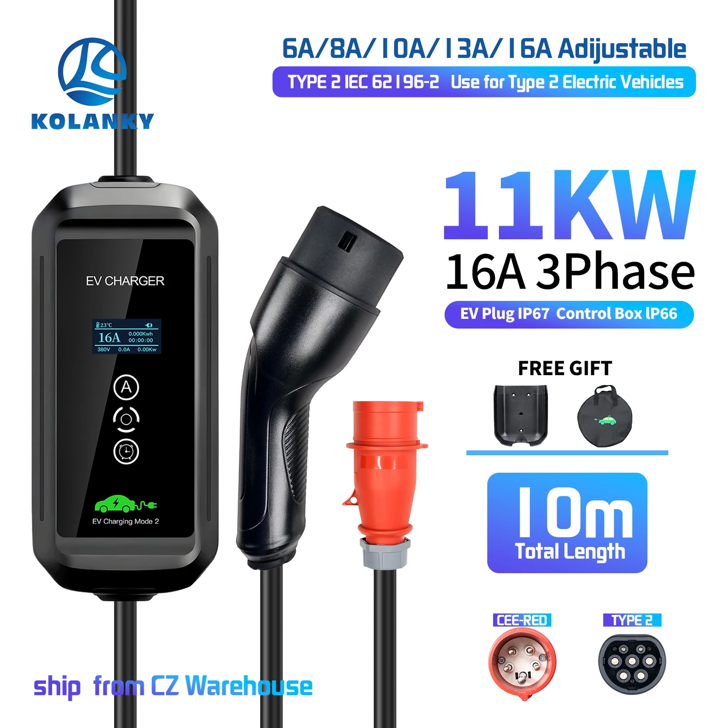 Kolanky Tipo 2 Caricatore EV portatile 11KW 16A Cavo di ricarica trifase Spina CEE da 10 m per timer per auto per veicoli elettrici Regolazione della corrente