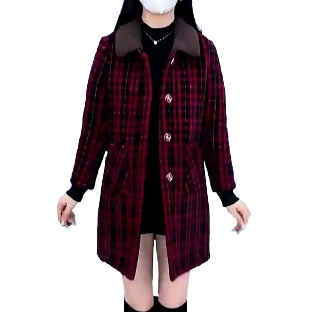 Women Soft Jacket Plush Lapel Women\'s Winter Coat with Plaid Print Warm Cold Resistant Single-breasted Mid Length for Plus