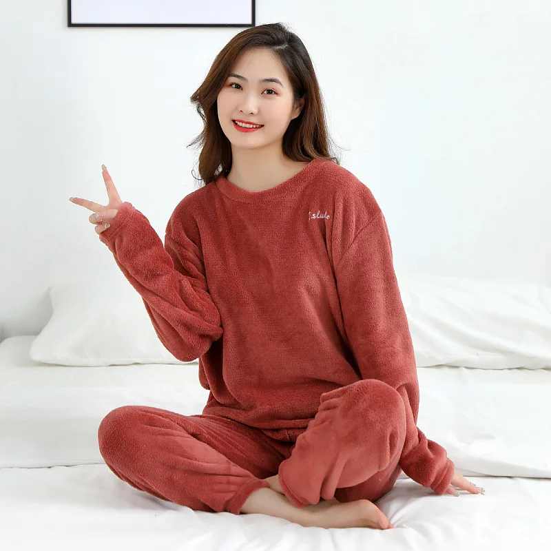 Autumn and Winter Warming Solid Thin Velvet Suit Women Thickened Homewear Coral Fleece Warm Casual Loose Large Size Pajamas