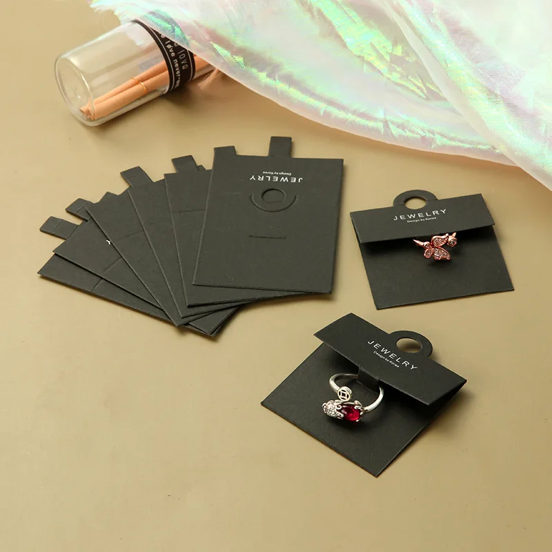100PCS Foldable Black Cardstock Jewelry Cards Paper Label Bulk Ring Packaging Gift Display Supplies for Small Business Wholesale
