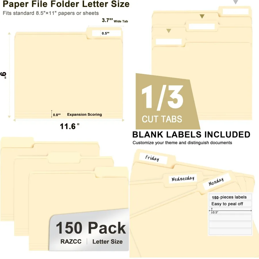 150 حزمة من مجلدات الملفات المقطوعة بنسبة 1/3، حجم الحروف، مجلدات مانيلا مع علامة تبويب لتنظيم المستندات الفعالة والتخزين السهل في O