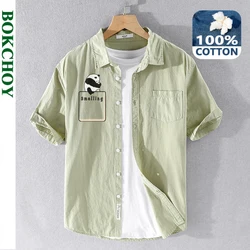 2024 Summer New 100% Cotton Panda Printed Casual Shirts for Men Thin and Slim Short Sleeve Shirts BOK3103