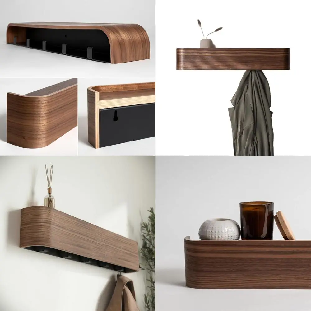 

Modern Wall Coat Rack with Concealed Hooks - Solid Wood Veneer Hanger in Walnut