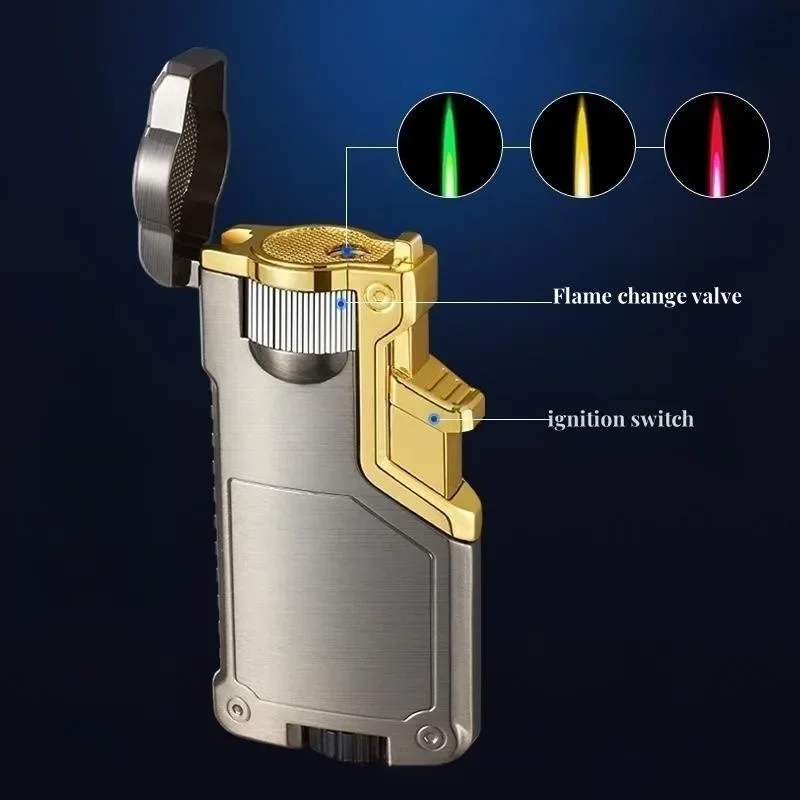 Three-color Flame Metal Gradient Inflatable Lighter Flame Switching Cool Windproof Torch Lighter -With box