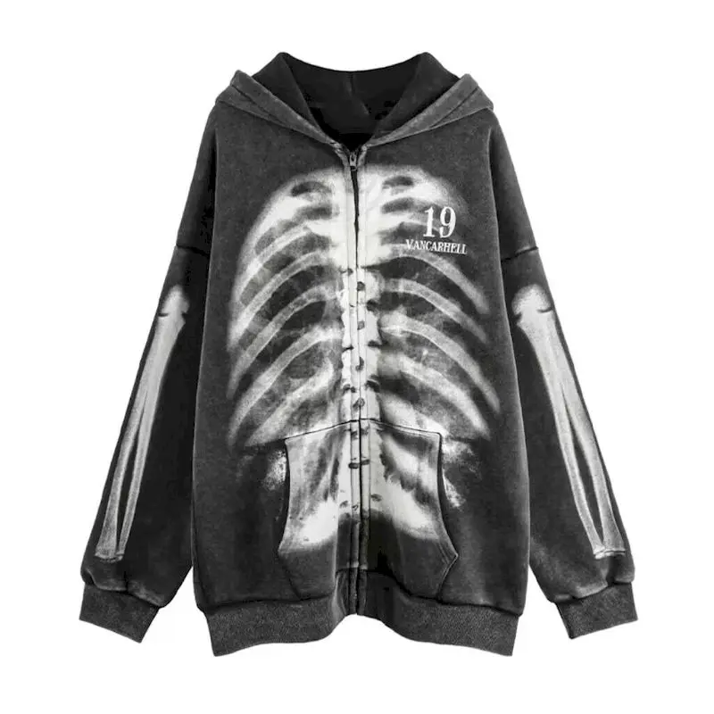 Oversized Hoodies Women Washed Olded Skeleton Print Hooded Jacket American Vintage Zipper Cardigan Hoodie Streetwear Y2k Clothes