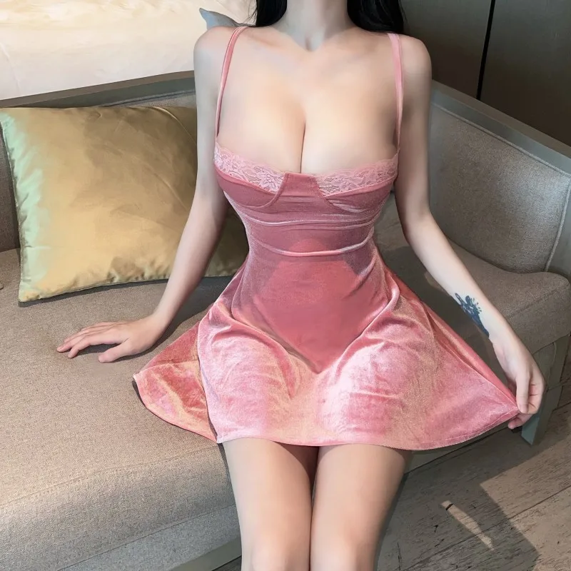 

Sexy Hot Girl Pure Desire Pink Velvet Spaghetti Straps Low-Cut Lace Short Skirt Waist Slimming Large HemaWomen's Word Dress