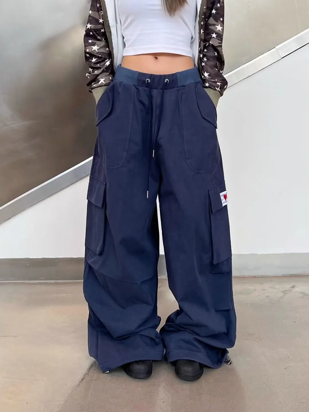 

Американские ретро эластичные талии, широкие повседневные брюки для мужчин и женщин, свободные прямые длинные брюки с завязками, повседневные хлопковые брюки