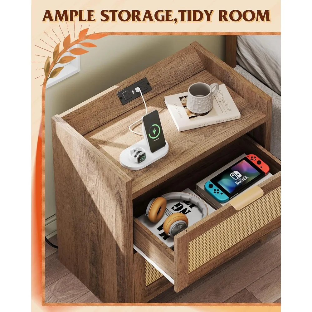 침대 옆 탁자, 충전 스테이션이 있는 침대 옆 탁자, 서랍 2개가 있는 보헤미안 스타일 침대 옆 테이블, 침실용 엔드 테이블, 거실용
