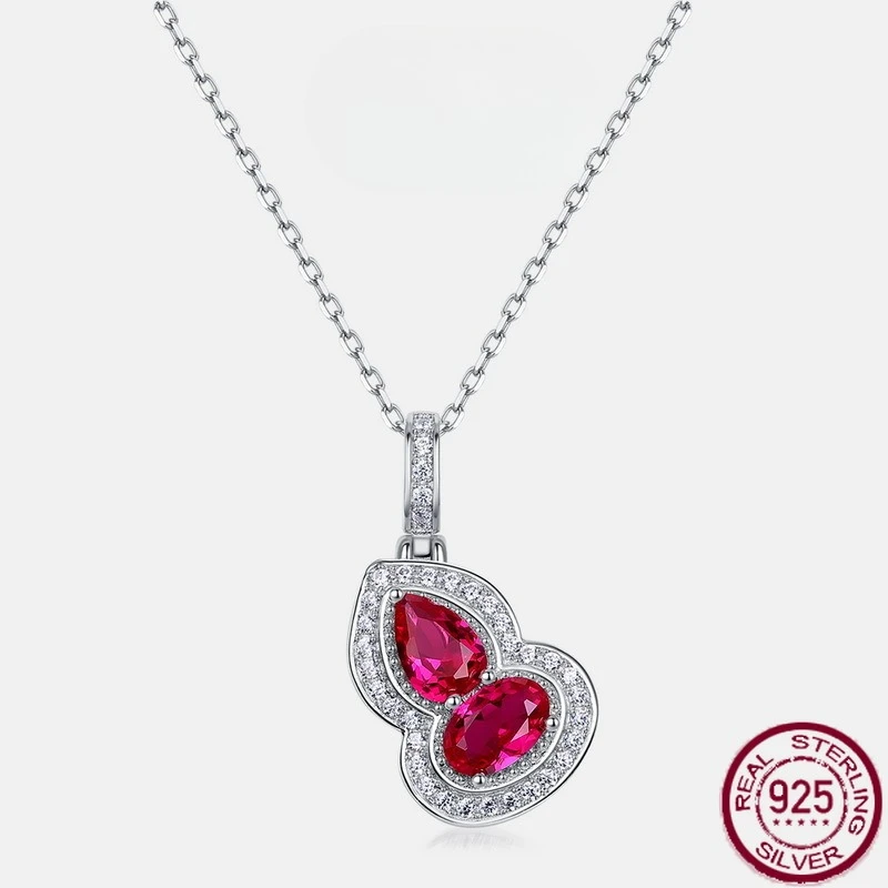 

New S925 Pure Silver Red Treasure Gourd Inlaid Colorful Treasure Full Diamond Necklace Fashion Wedding Jewelry