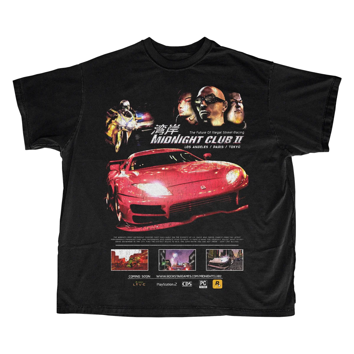 Camiseta de la carrera Midnight Club II Retro para hombre y mujer, camiseta gráfica vintage de Rockstar Street Racing