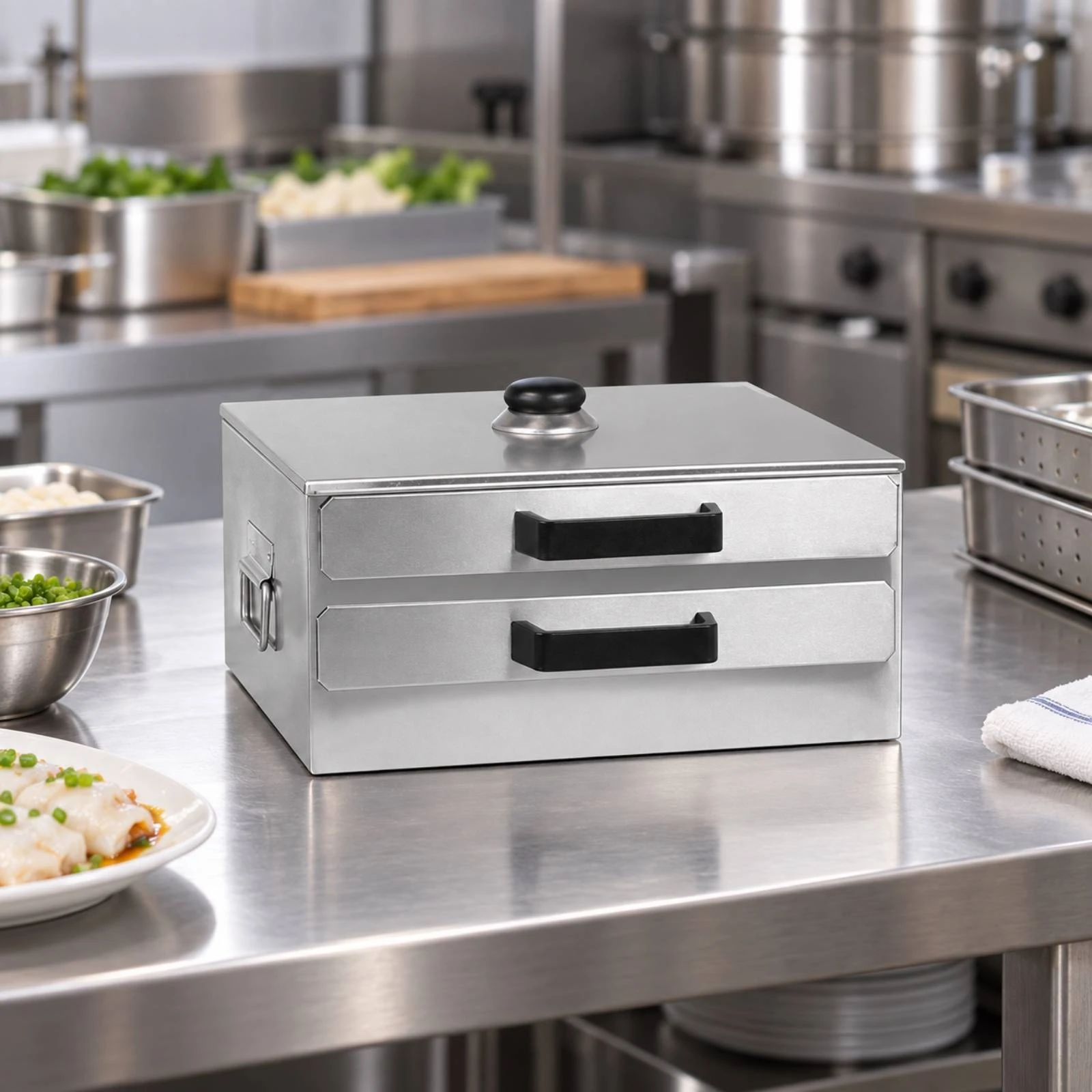 Steamed Sum Steamer Compact Stainless Steel Steam Cabinet with Two Cooking Compartments for Small Food Prep Areas
