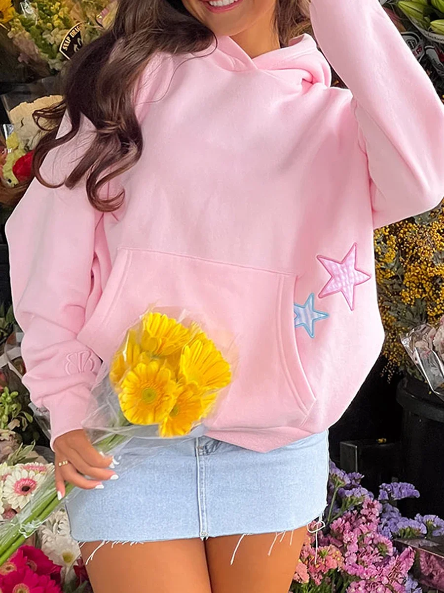 New Fashion Womens Star Embroidery Hoodie Long Sleeve Hooded Sweatshirt With Pocket Casual Pullover Streetwear For Winter Fall