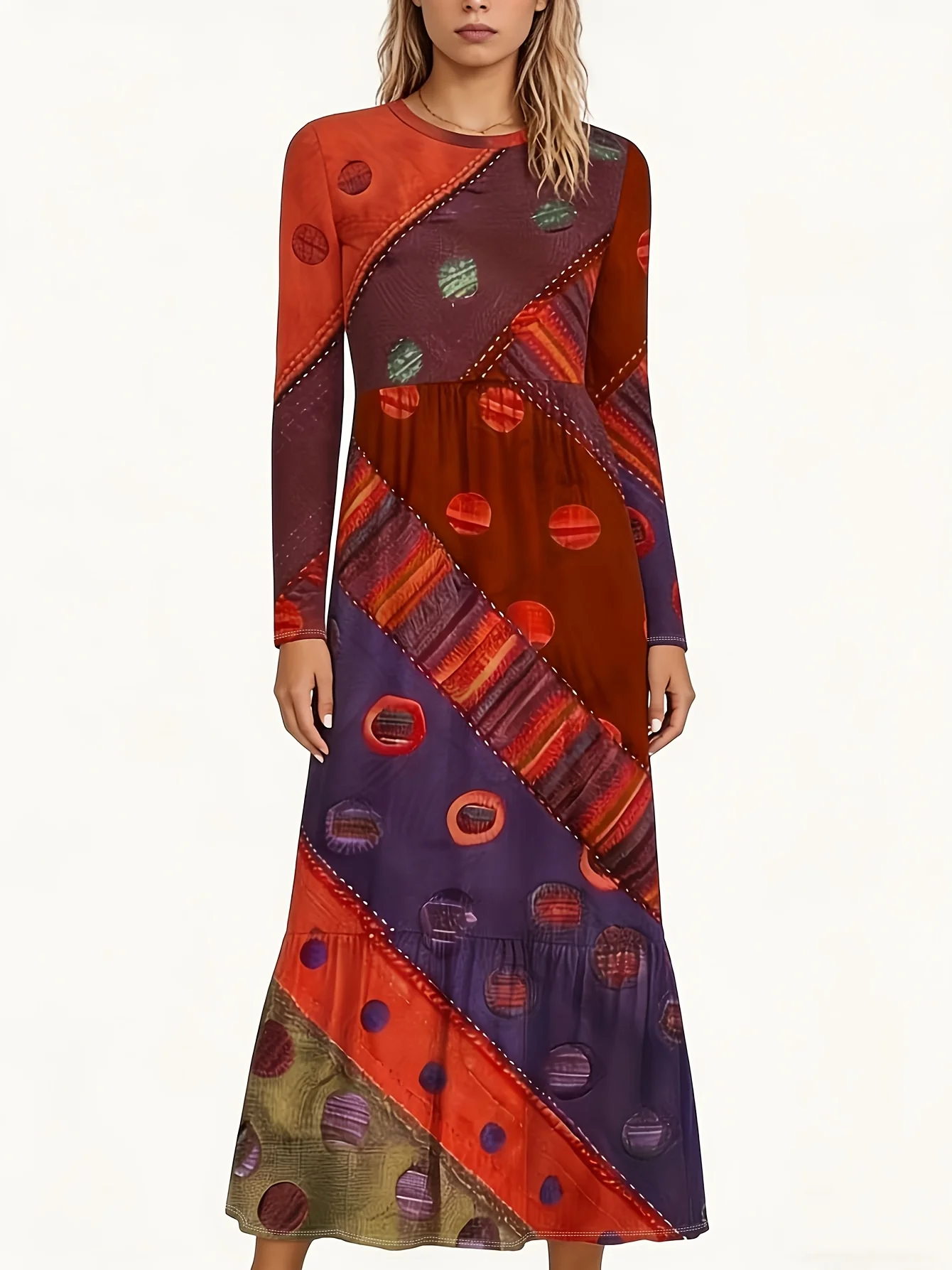 

Large size spring new round neck casual fashion long sleeved random printed long skirt for women