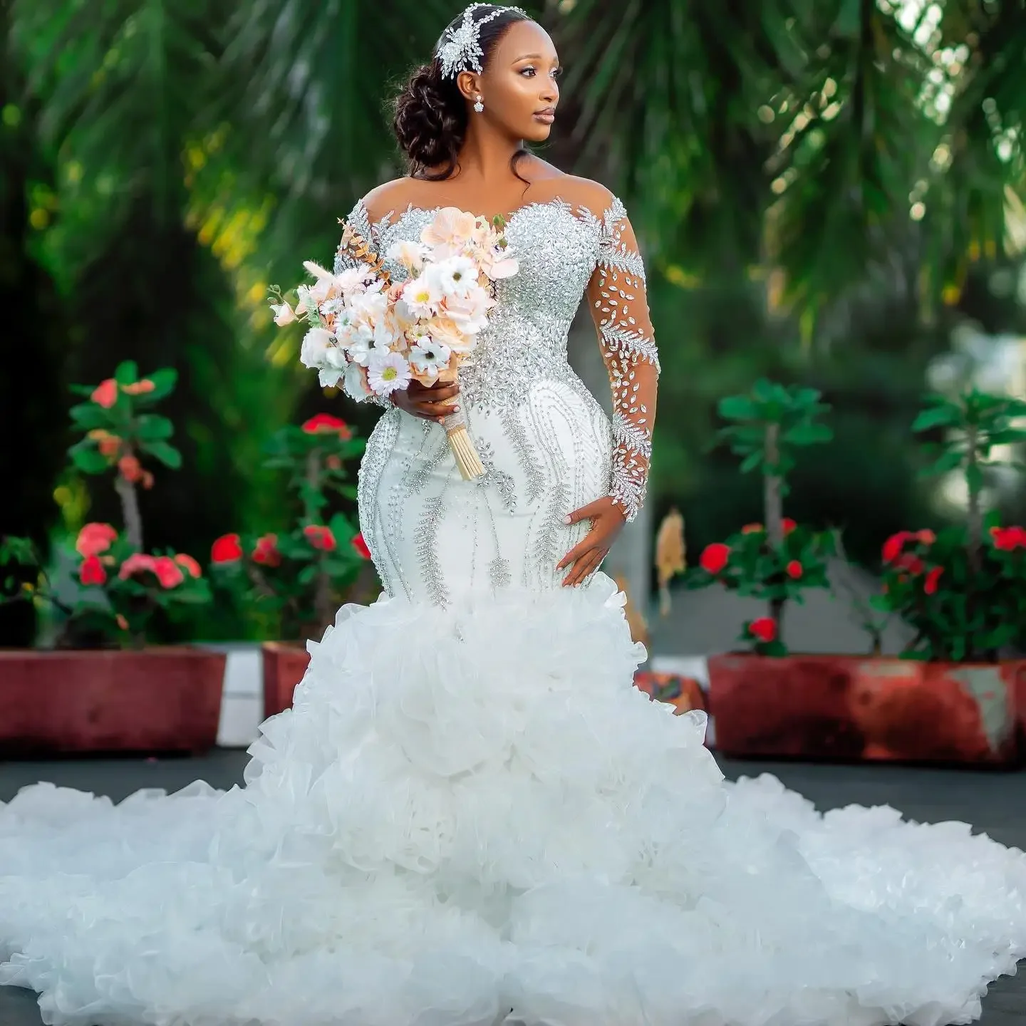 Customized Luxury Spark Crystals Rhinestones Garden Mermaid Wedding Dress African Long Sleeves Multi-Layered Ruffles Bridal Gown