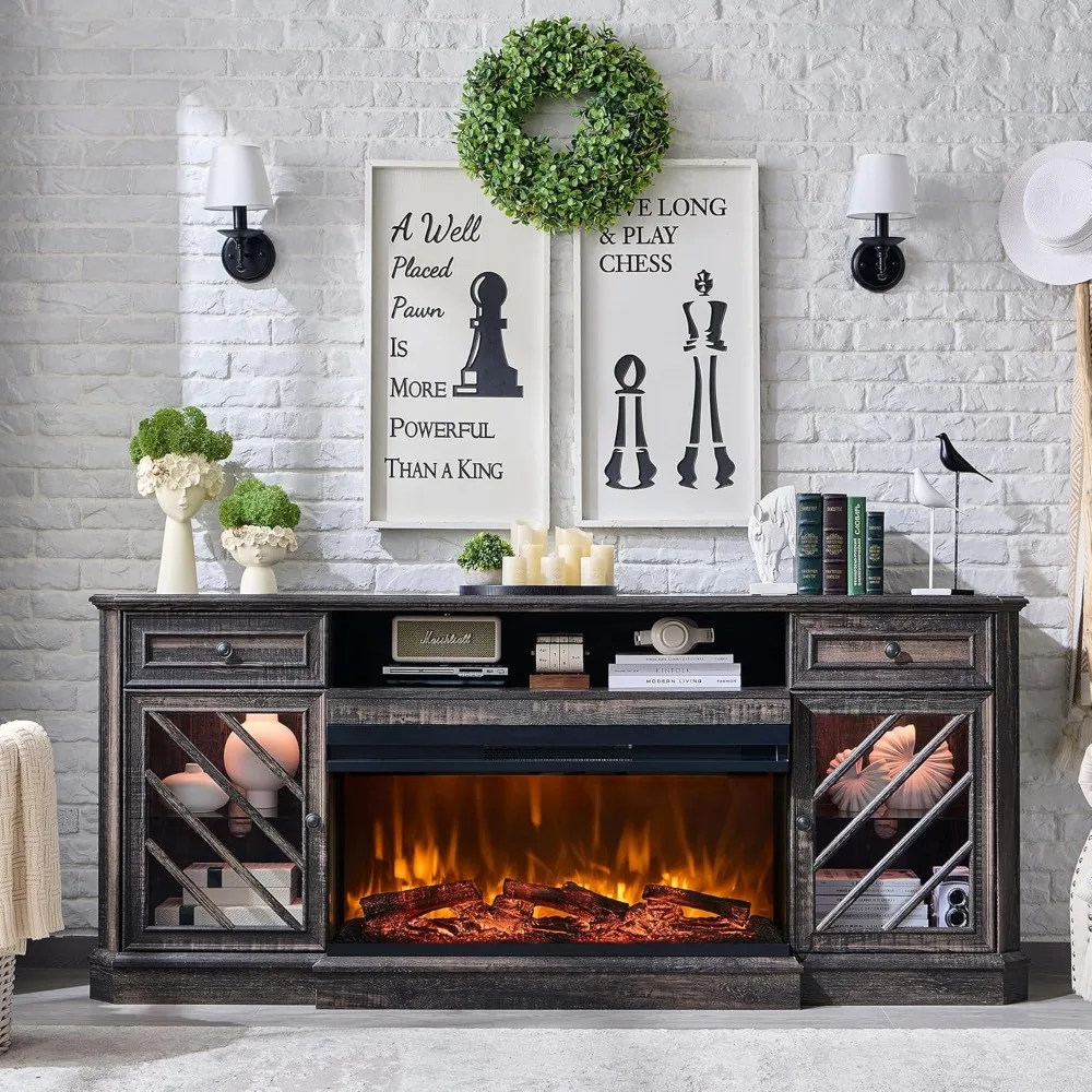 

3-Sided Fireplace TV Stand for TVs up to 85'',Farmhouse Highboy Entertainment Center with 36" Fireplace & LED Lights-Dark Rusti