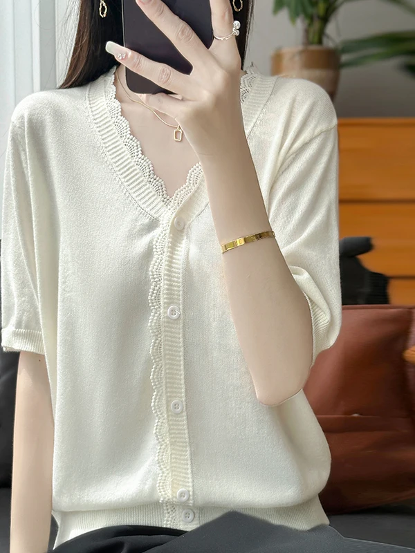 

Outlet Summer Ice Silk Knitted Top Women's V-ne Lace ort Sve T-irt Comfortable Breathable Loose Fit Commute Sle